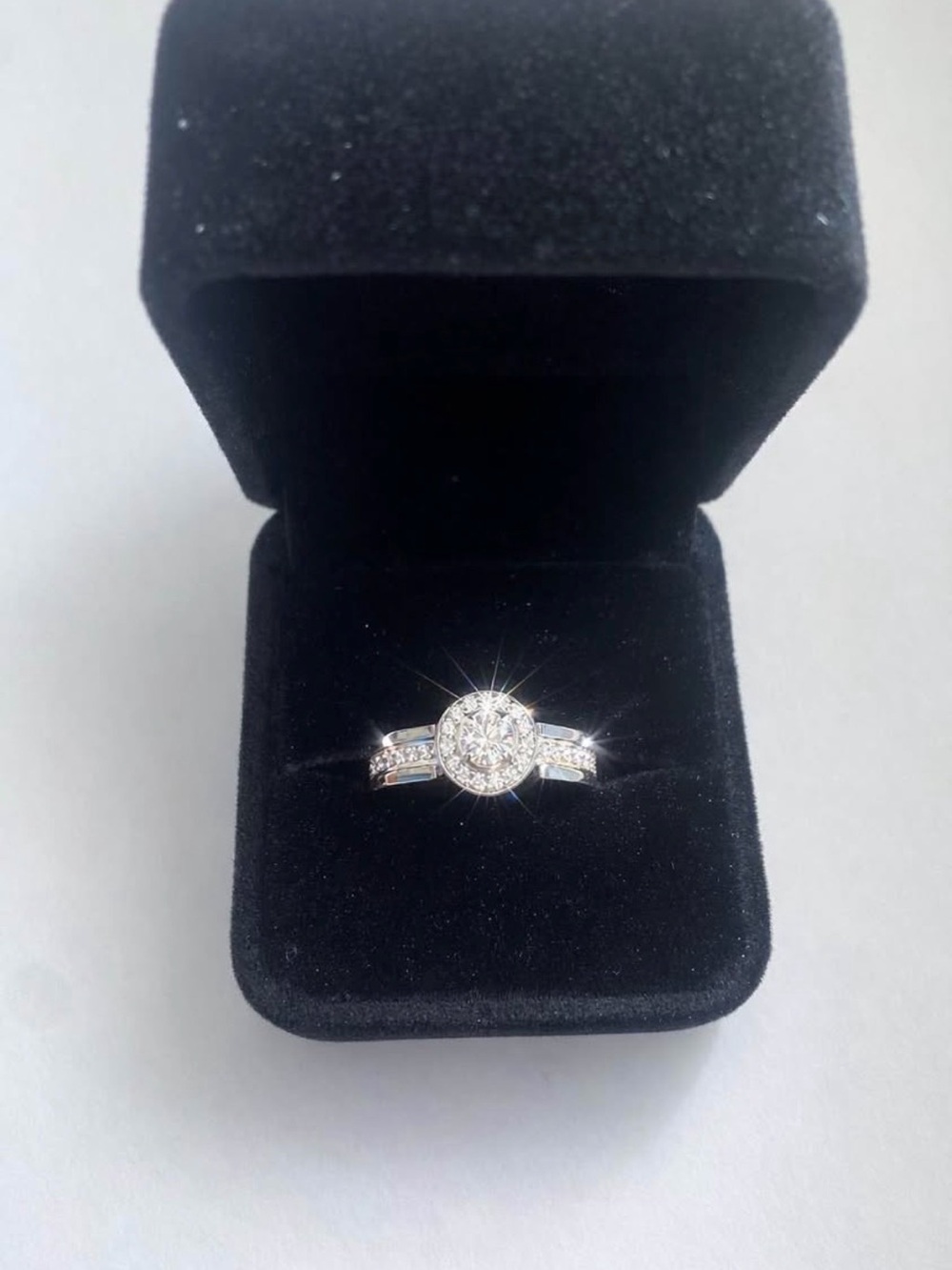 Elegant Silver-Tone Halo Engagement Ring with Clear Stones - White - Picture 1 of 4